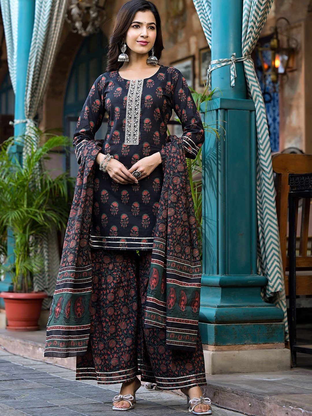 Yufta Floral Printed Regular Thread Work Pure Cotton Kurta With Sharara & Dupatta