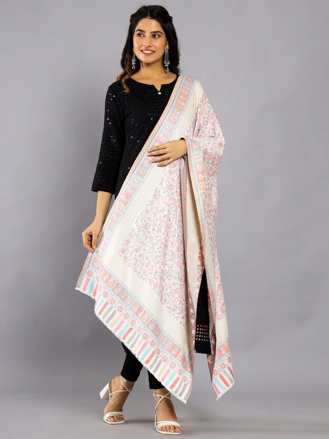 HANDICRAFT PALACE White Paisley Woven Design Zari Wool Stole