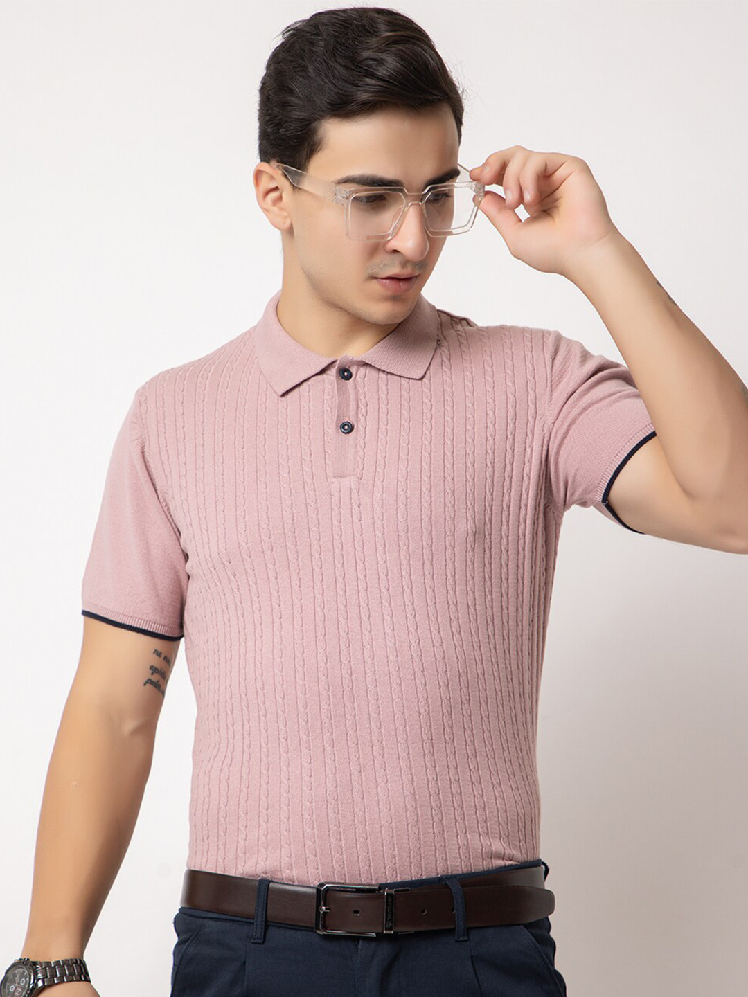 ARMISTO Men Cable Knit Pure Cotton Party T-shirt