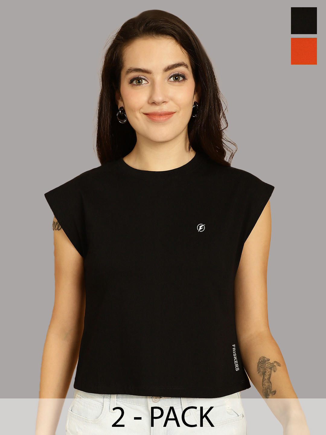 Friskers Women Black 2 Applique T-shirt