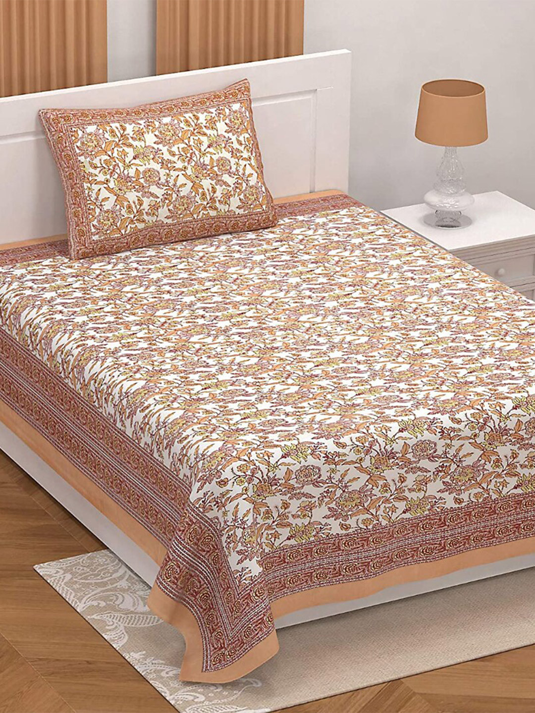 EasyGoods Ethnicsingle Orange Floral Cotton 210 TC Single Fine Bedsheet with a Pillow Cover-60 x 90 inches