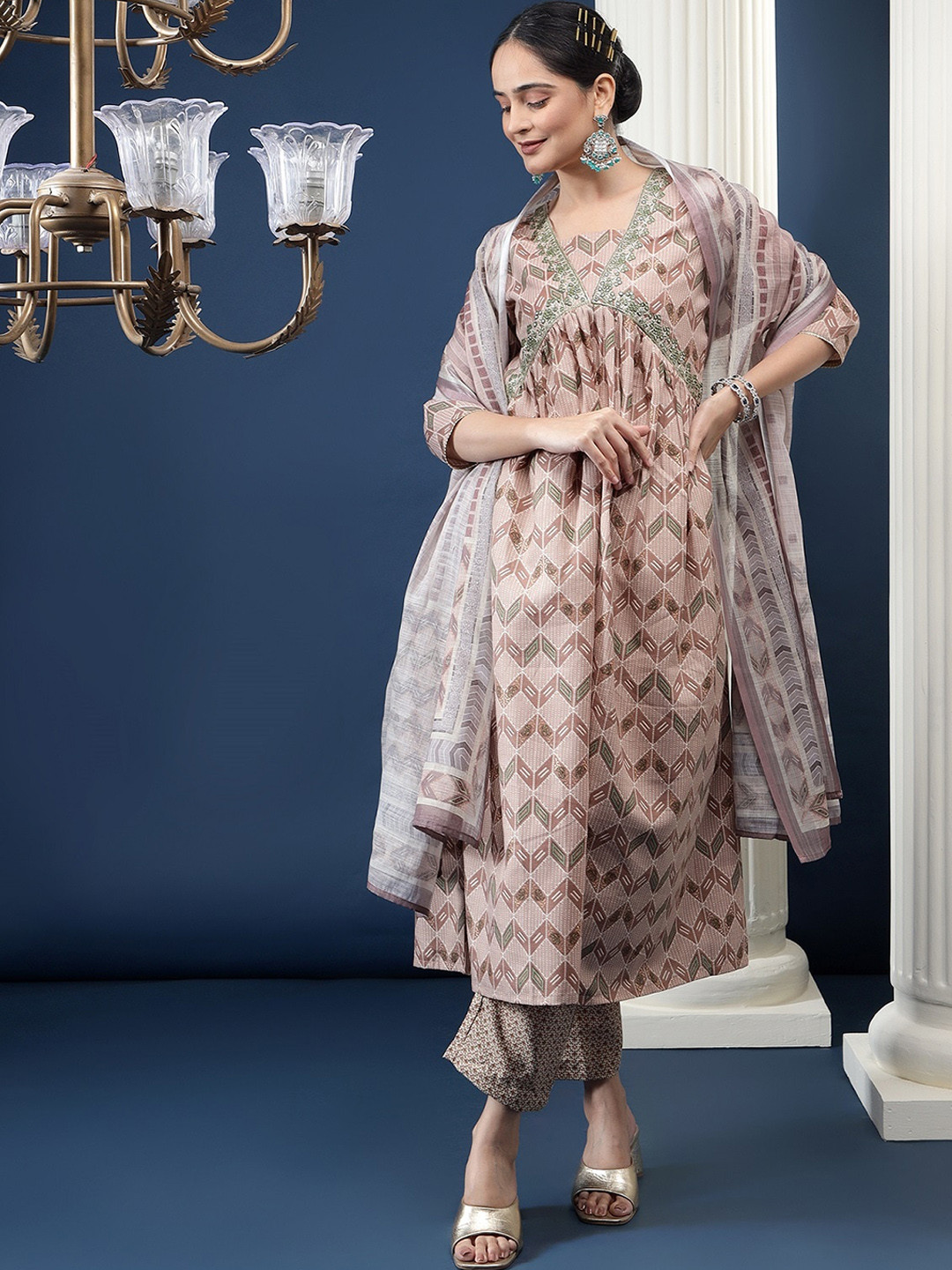 Bani Women Ethnic Motif Printed Empire Sequinned Pure Cotton Kurta With Trousers & Dupatta