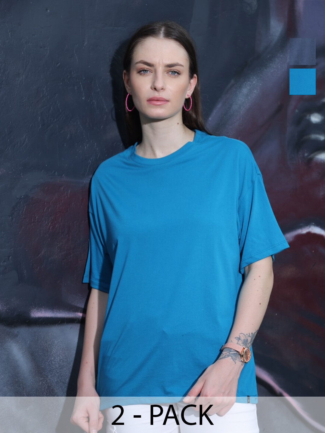 TITTLI Pack Of 2 Drop-Shoulder Sleeves Pure Cotton Longline Oversized T-shirt