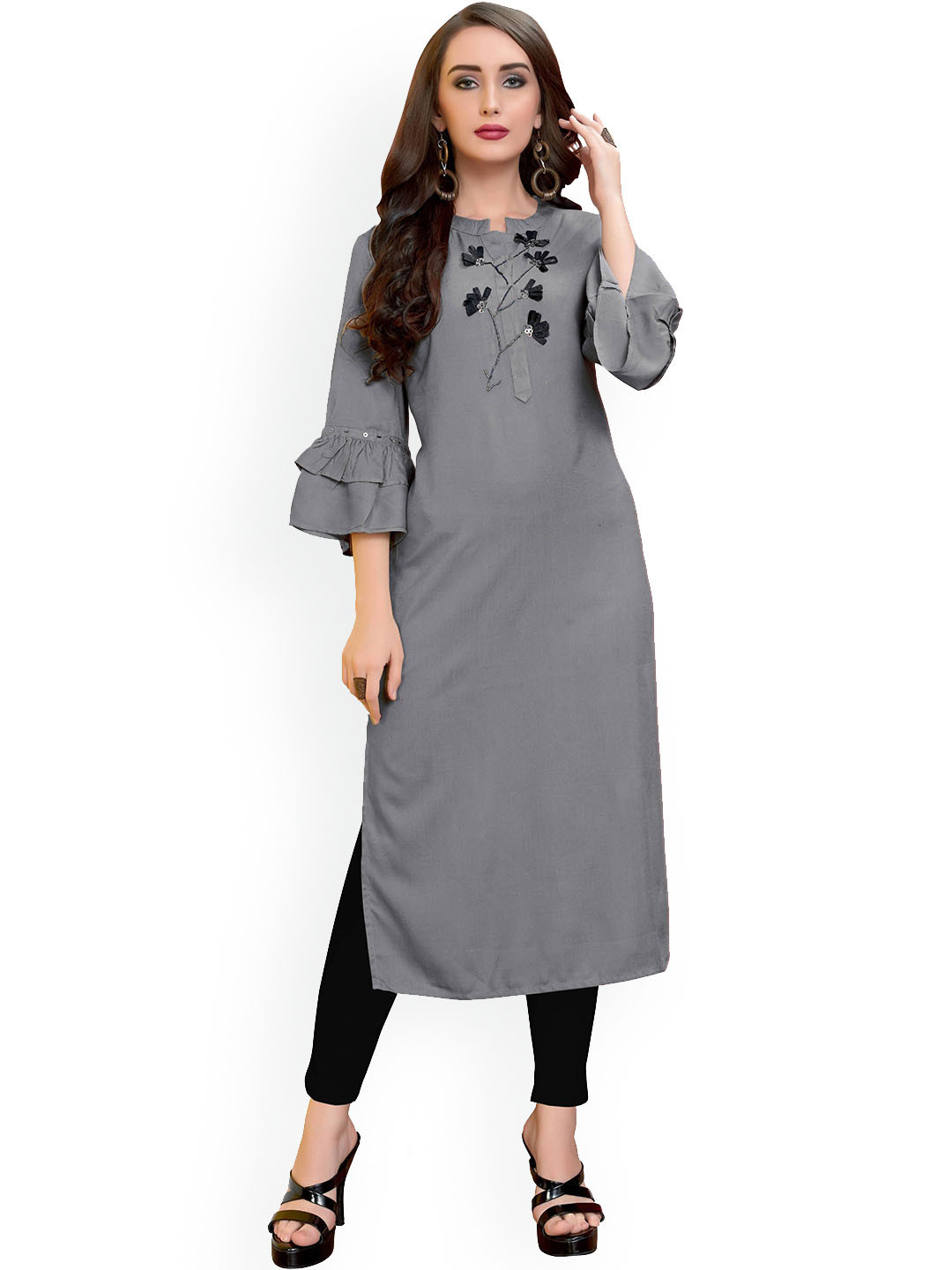 Vbuyz Floral Embroidered Mandarin Collar Bell Sleeves Beads & Stones Straight Kurta