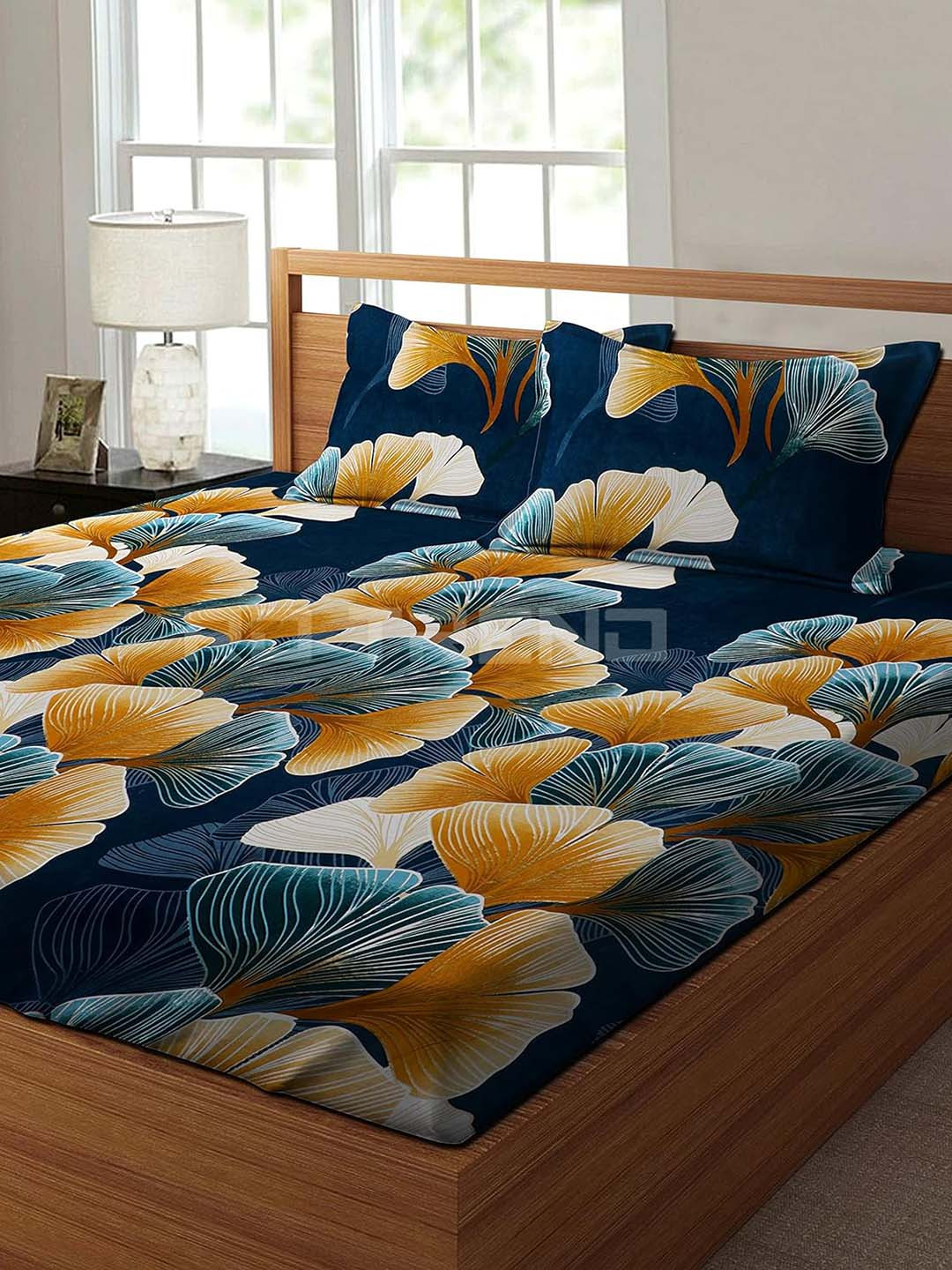 RD TREND Teal Floral Cotton 210 TC Fitted King Fine Bedsheet with 2 Pillow Covers-72 x 78 inches