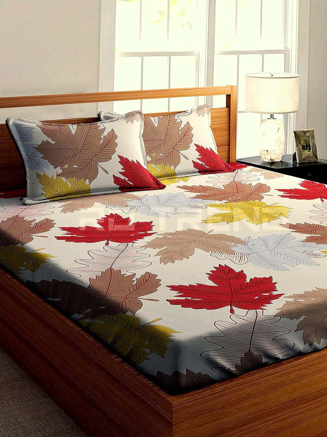 RD TREND Cream Leaf Cotton 210 TC Fitted King Fine Bedsheet with 2 Pillow Covers-182 x 198 x 20.32 cm
