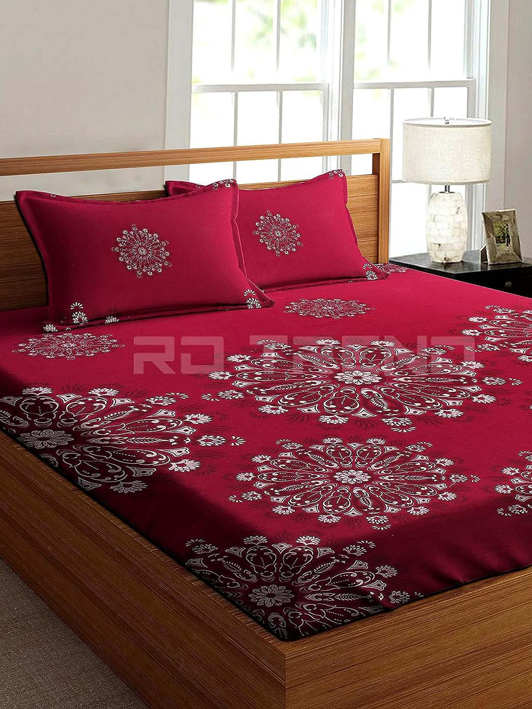 RD TREND Maroon Floral Cotton 210 TC Fitted King Fine Bedsheet with 2 Pillow Covers-72 x 78 inches