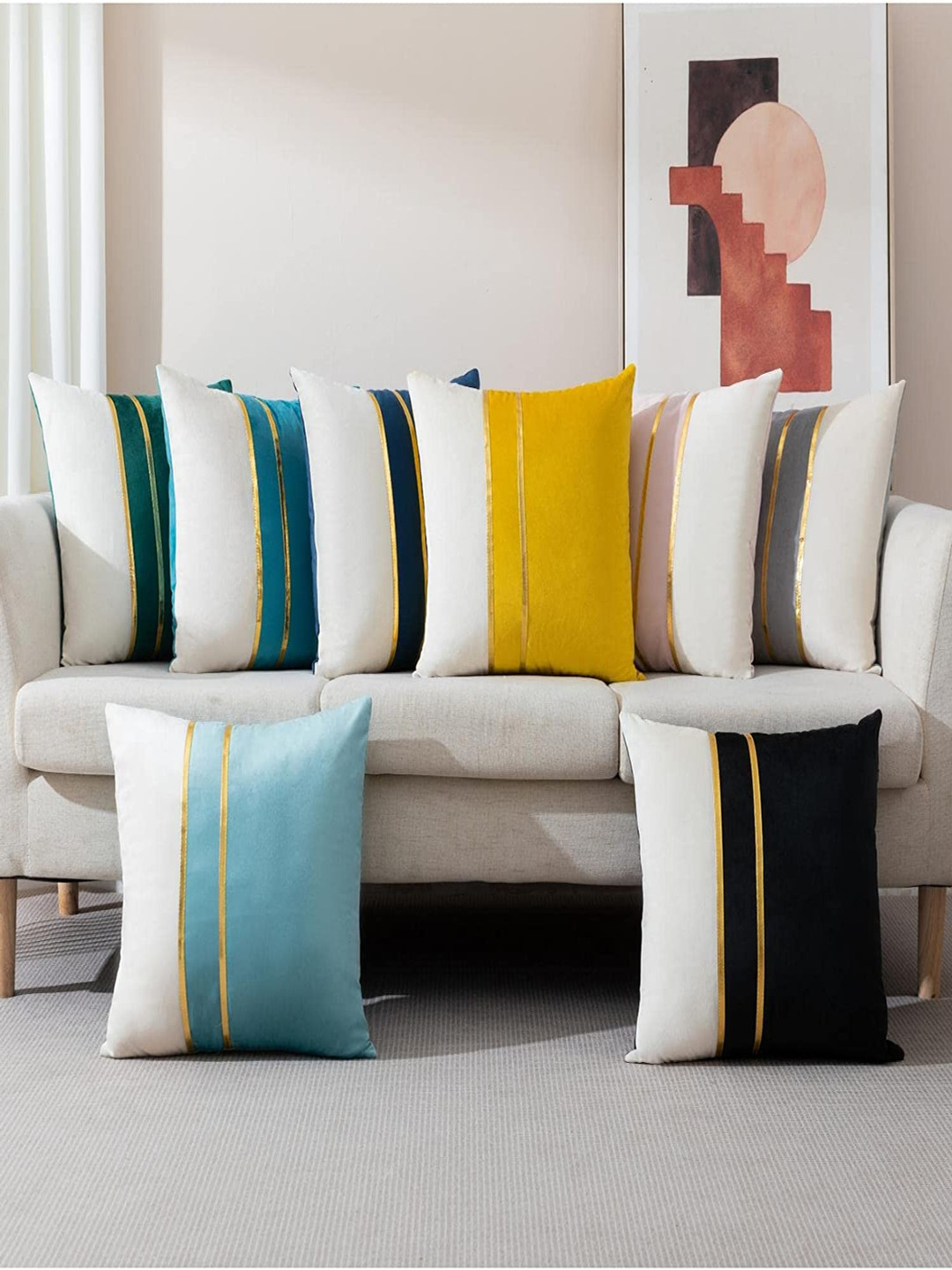 Vinayaka Fab Blue & White 2 Pieces Striped Velvet Square Cushion Covers
