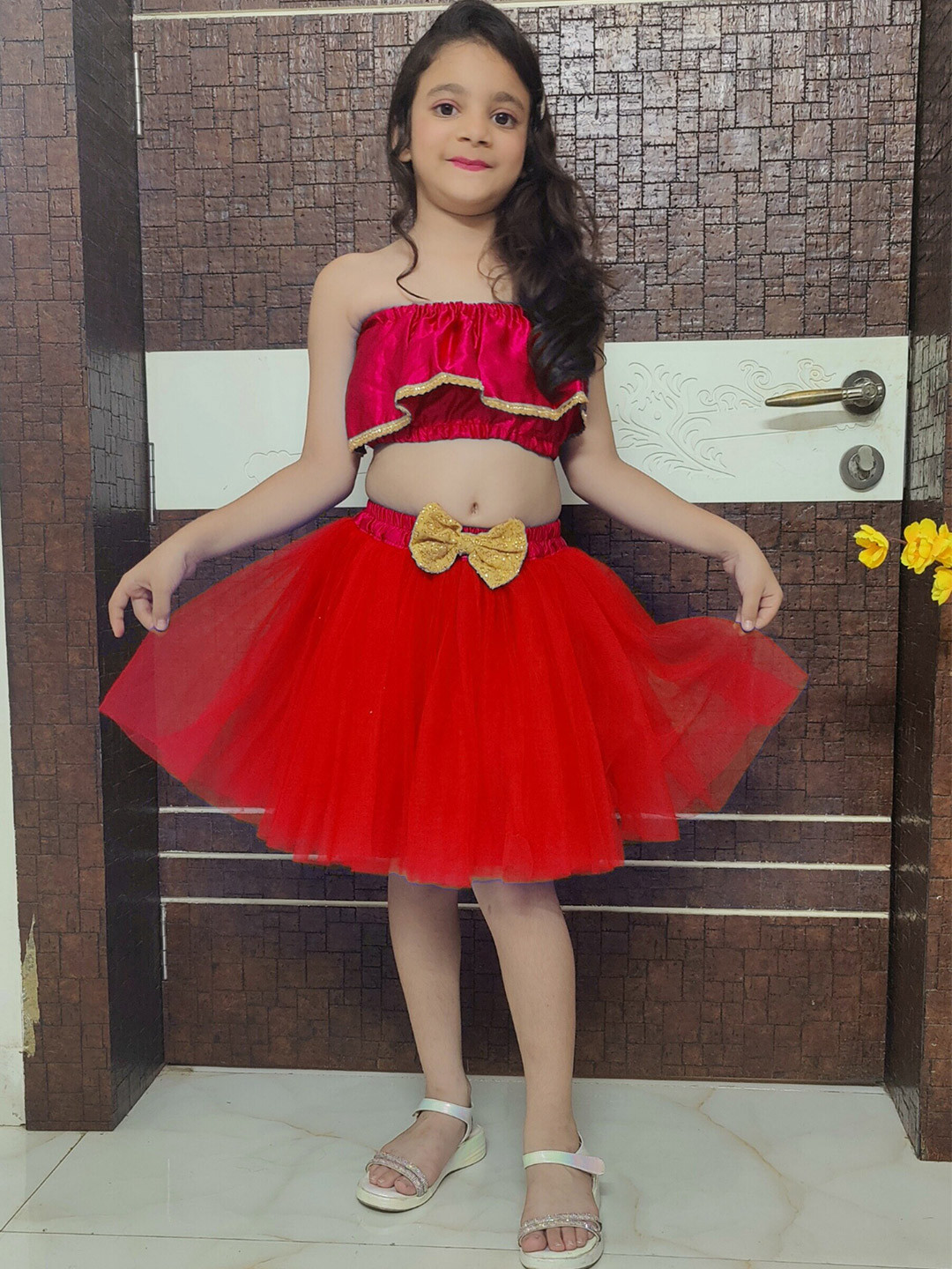 TILISM Girls Sleeveless Strapless Ruffled Ruffled Crop Top & Net Skirt