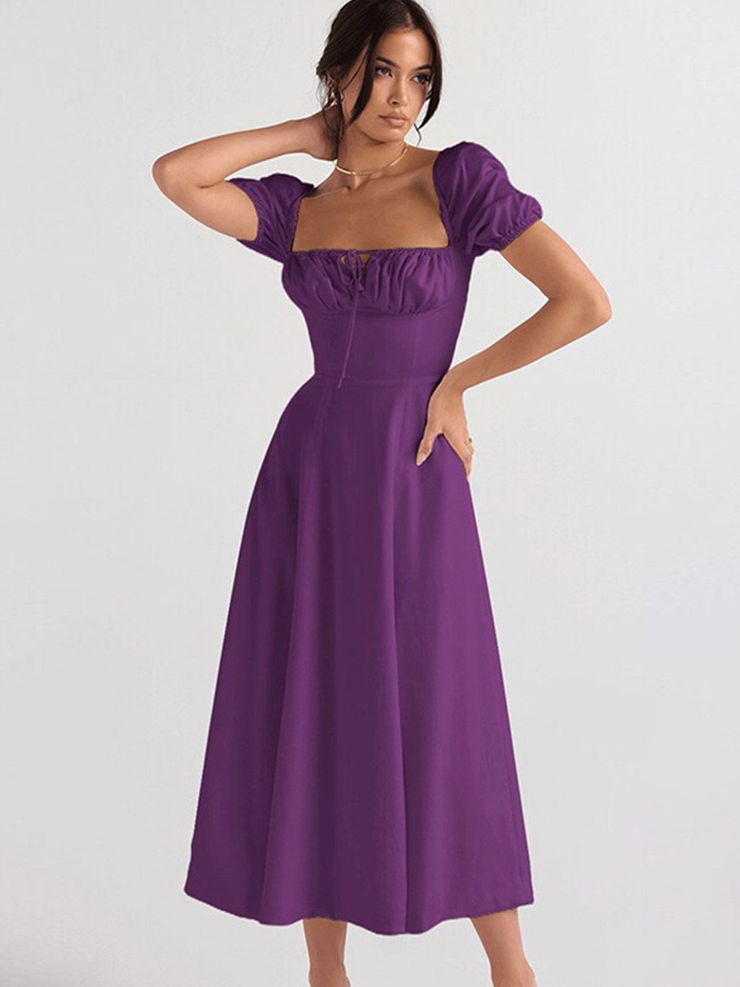 StyleCast Purple Square Neck A-Line Midi Dress