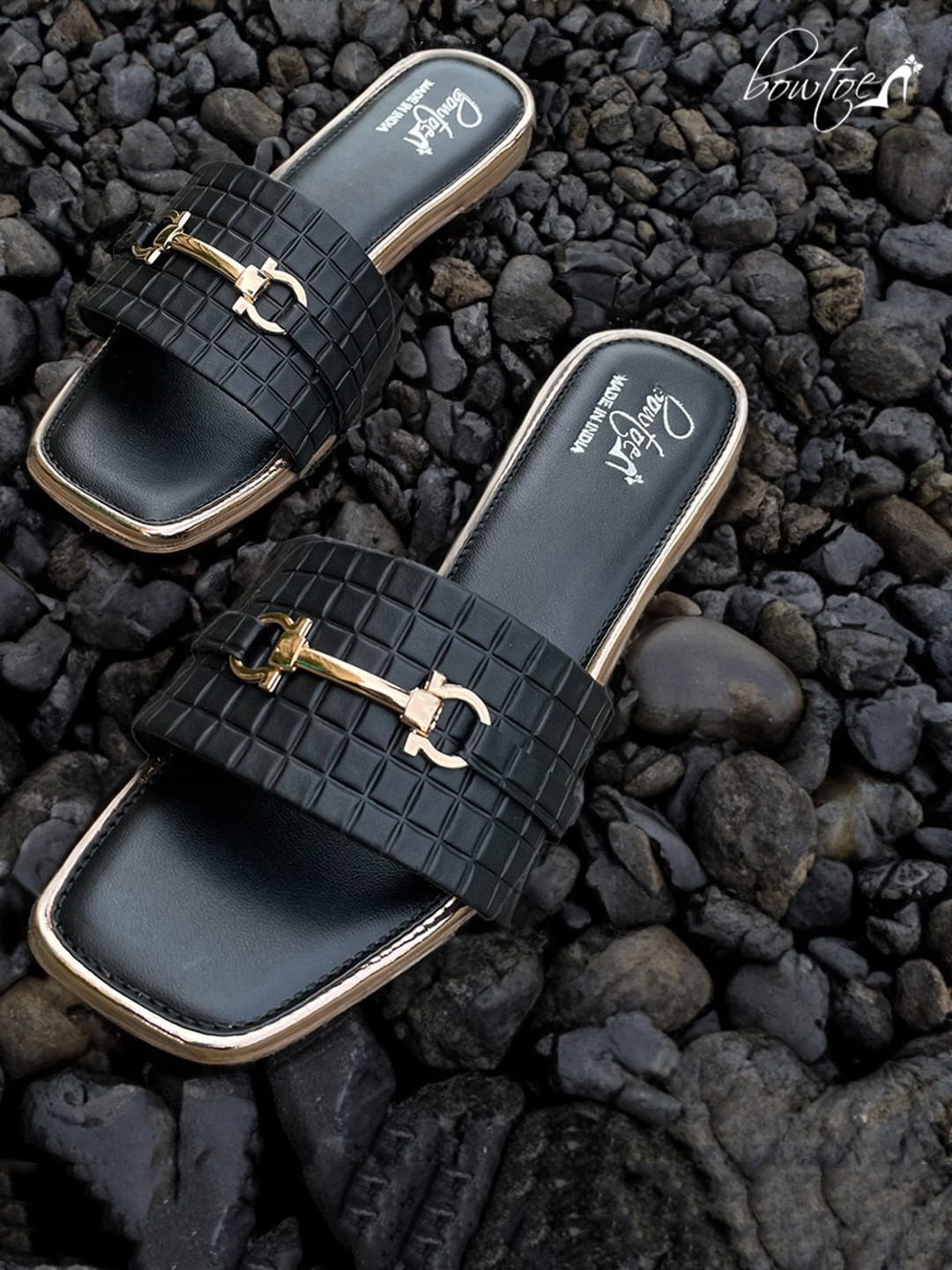 Bowtoes Latte Textured Buckle Detail Open Toe Flats