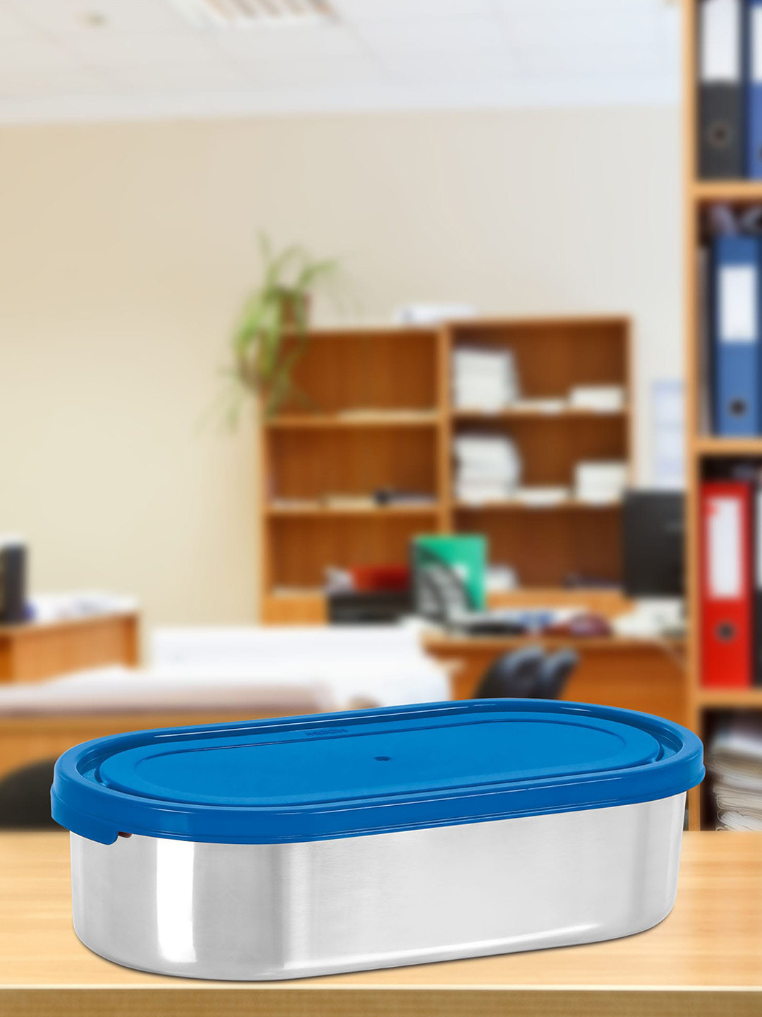 Milton Slider Blue Solid Stainless Steel Refrigerator Safe Lunch Box With Spoon and Fork