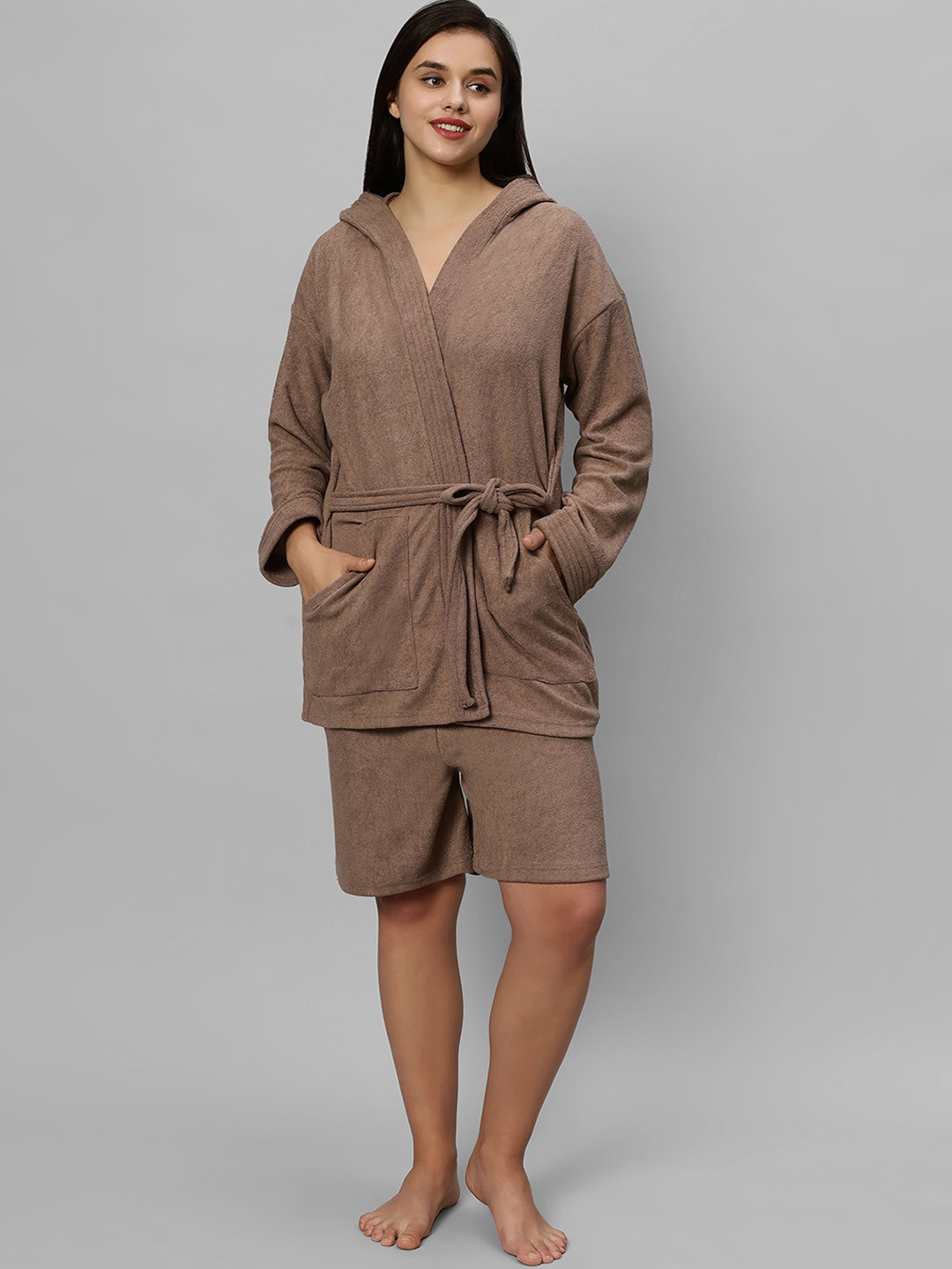 HotGown Brown Terrycloth Drawstring Knee Length Set of 2 Bath Robe with Shorts-M