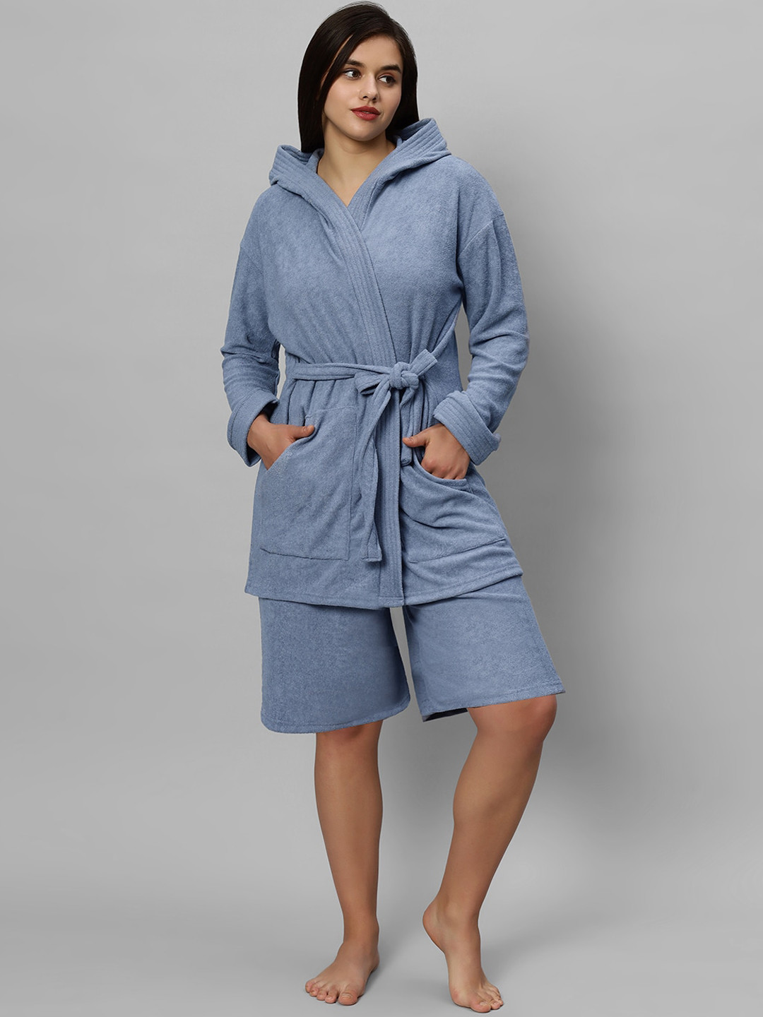 HotGown Blue Solid Terrycloth Drawstring Knee Length Set of 2 Bath Robe with Shorts-M
