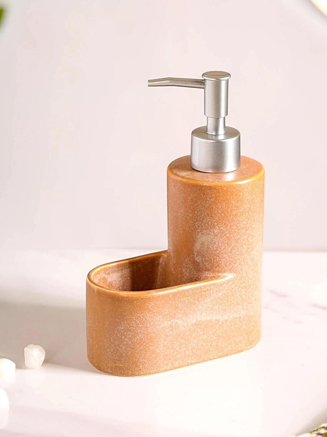 Nestasia Brown Matte Textured Ceramic Liquid Soap Dispenser With Holder