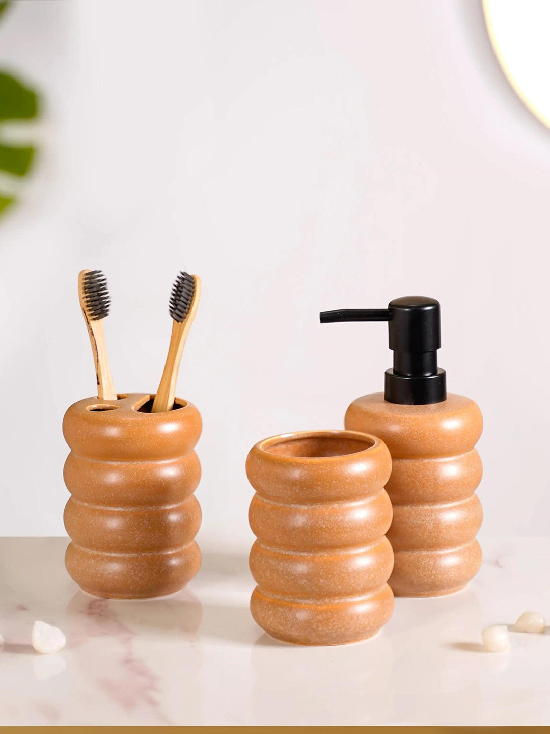 Nestasia Brown & Black 3 Pcs Modern Ochre Brown Bathroom Dispenser Set With Tumbler