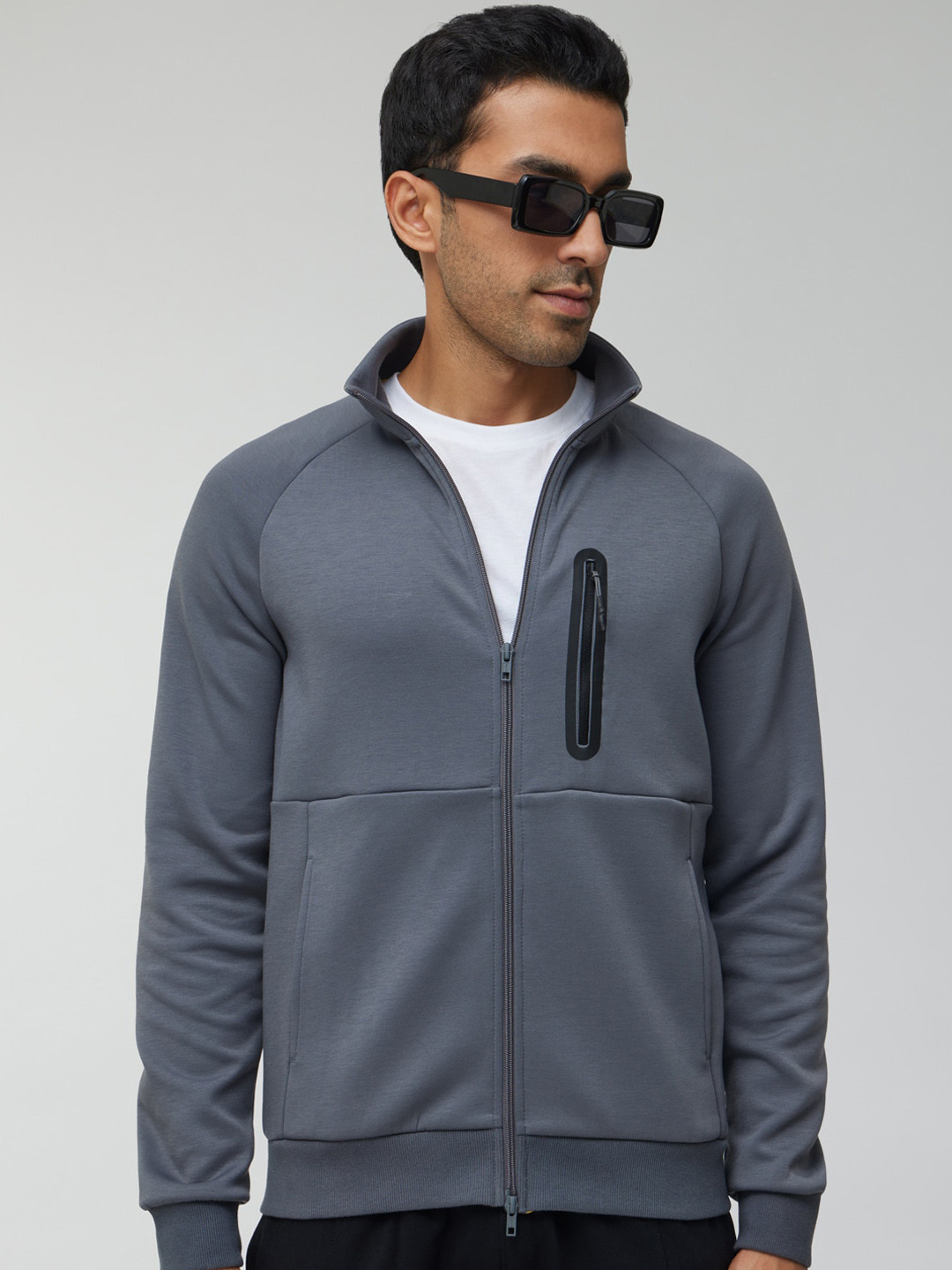 XYXX Men Regular Fit Solid Ash Grey Hooded Jacket
