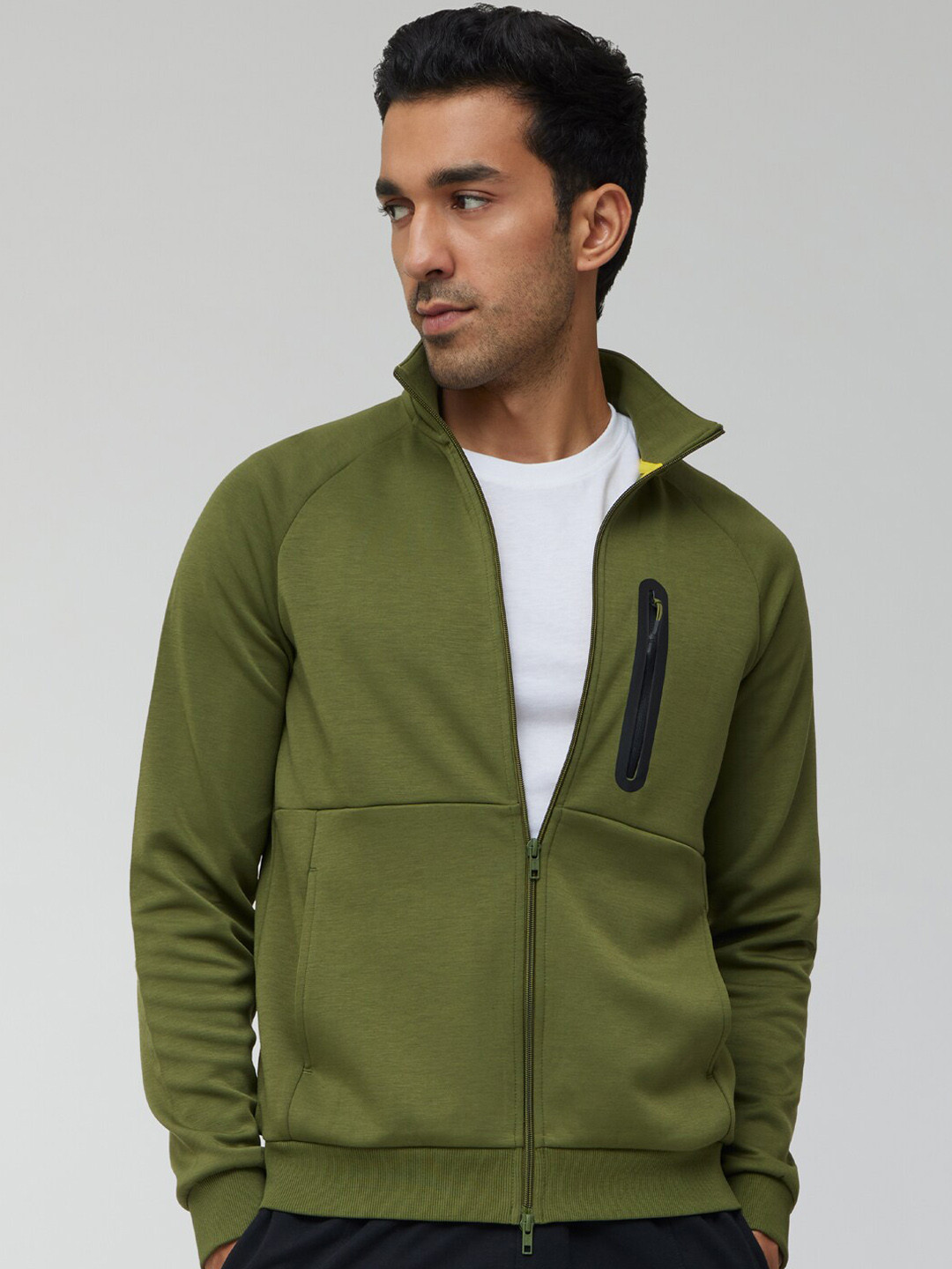 XYXX Men Regular Fit Solid Olive Green Hooded Jacket