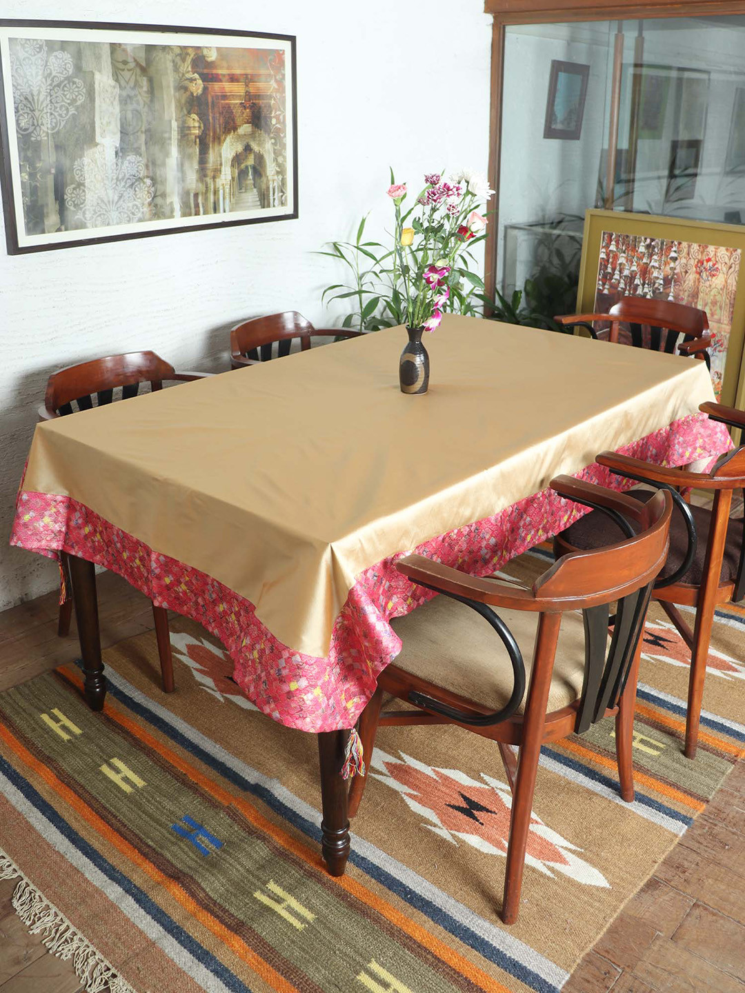 ZEBA Cream & Pink Borcade Silk 6 Seater Table Covers