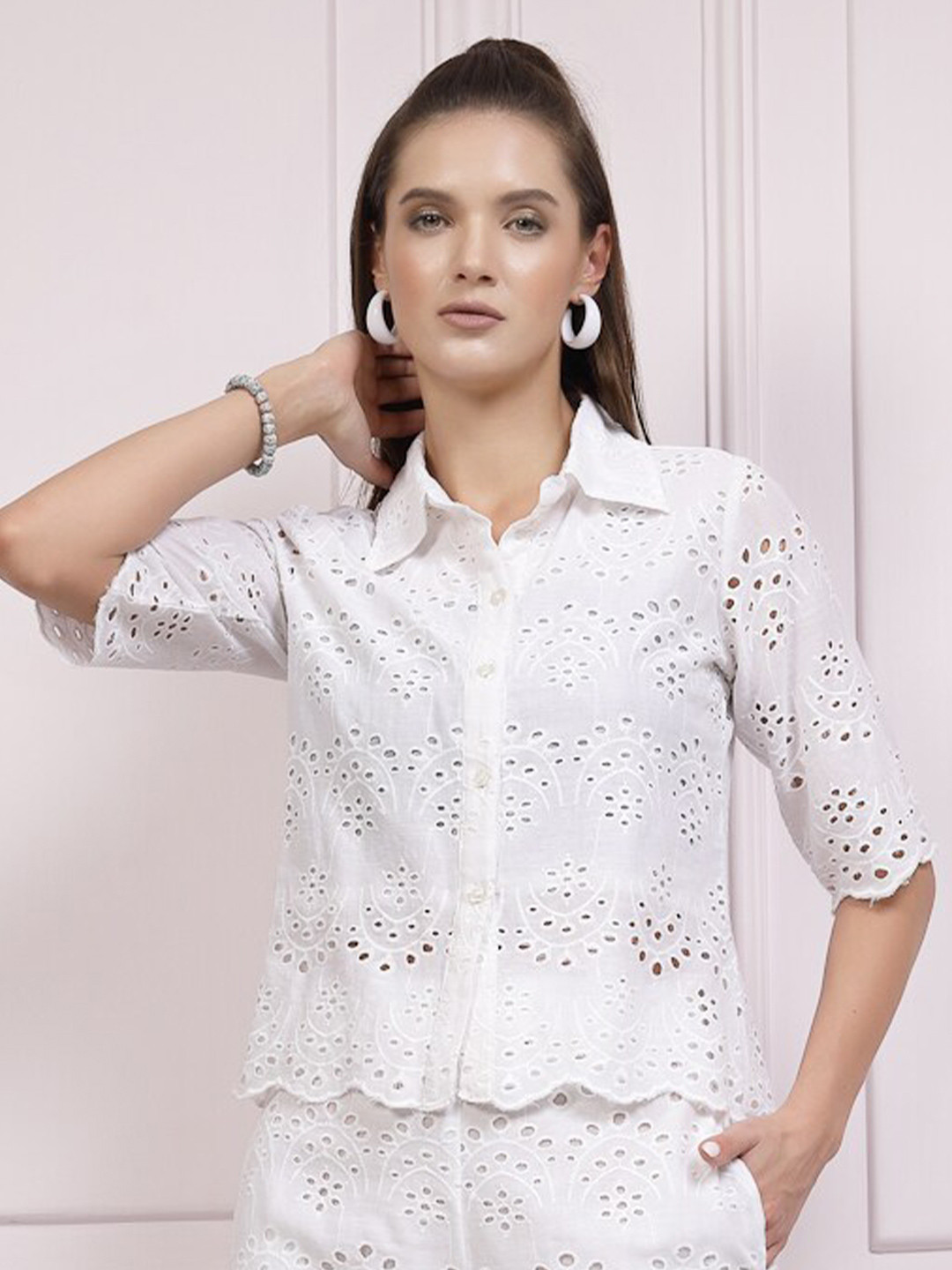 Athena Self Design Shirt Collar Schiffli Cotton Shirt Style Top