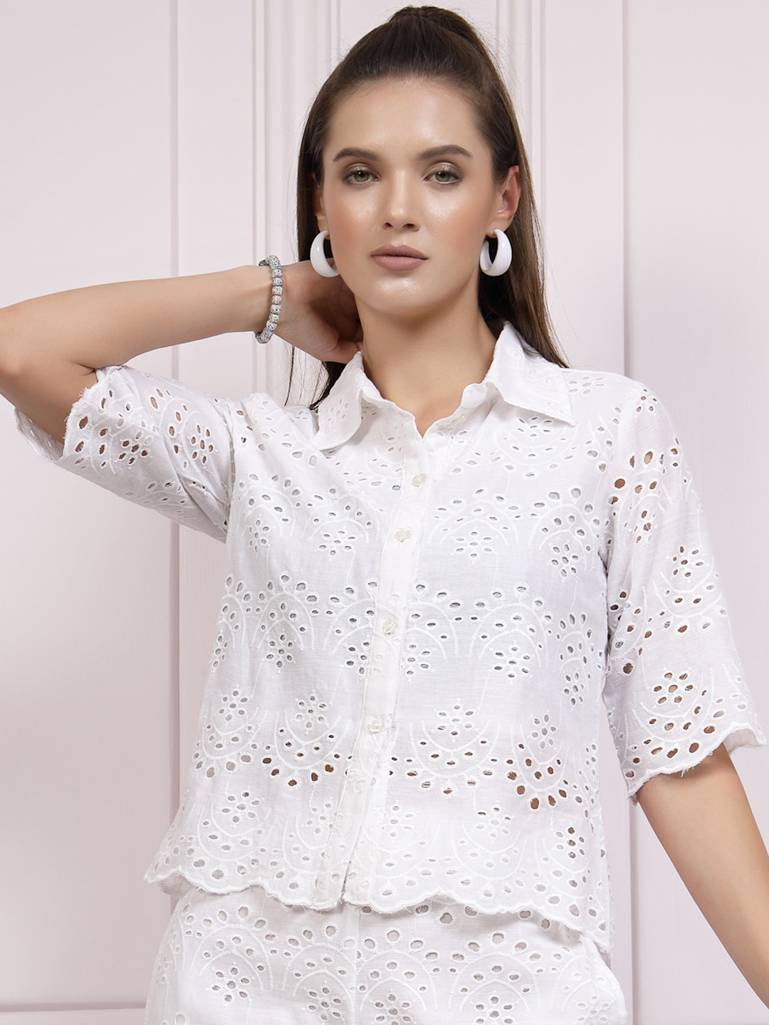 Athena Self Design Shiffli Pure Cotton Shirt & Shorts Co-Ords