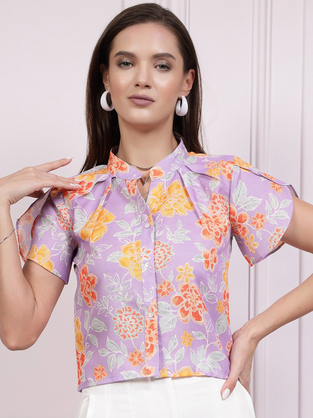 Athena Immutable Floral Printed Mandarin Collar Flared Sleeves Linen Shirt Style Top
