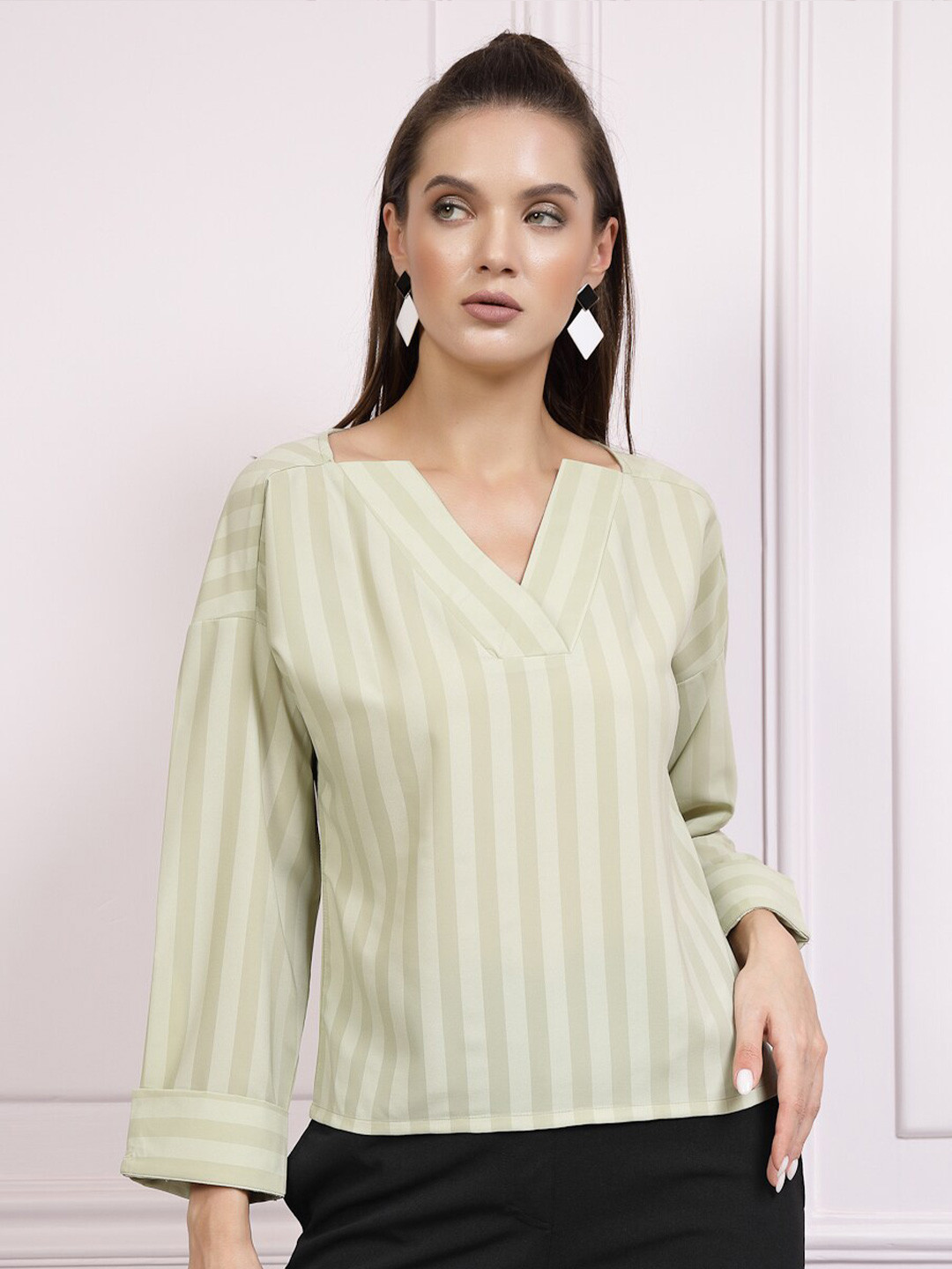 Athena Immutable Green Striped Notched Neck Top