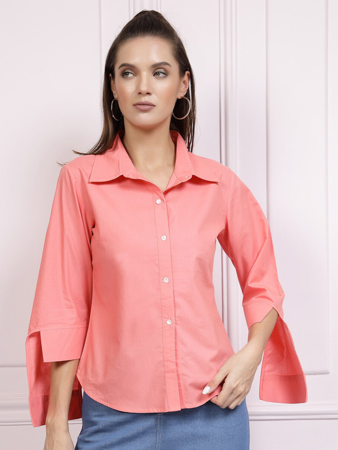 Athena High Low Cuffed Sleeves Cotton Shirt Style Top