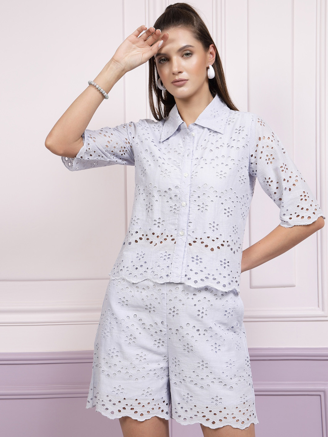 Athena Shiffli Pure Cotton Shirt With Shorts