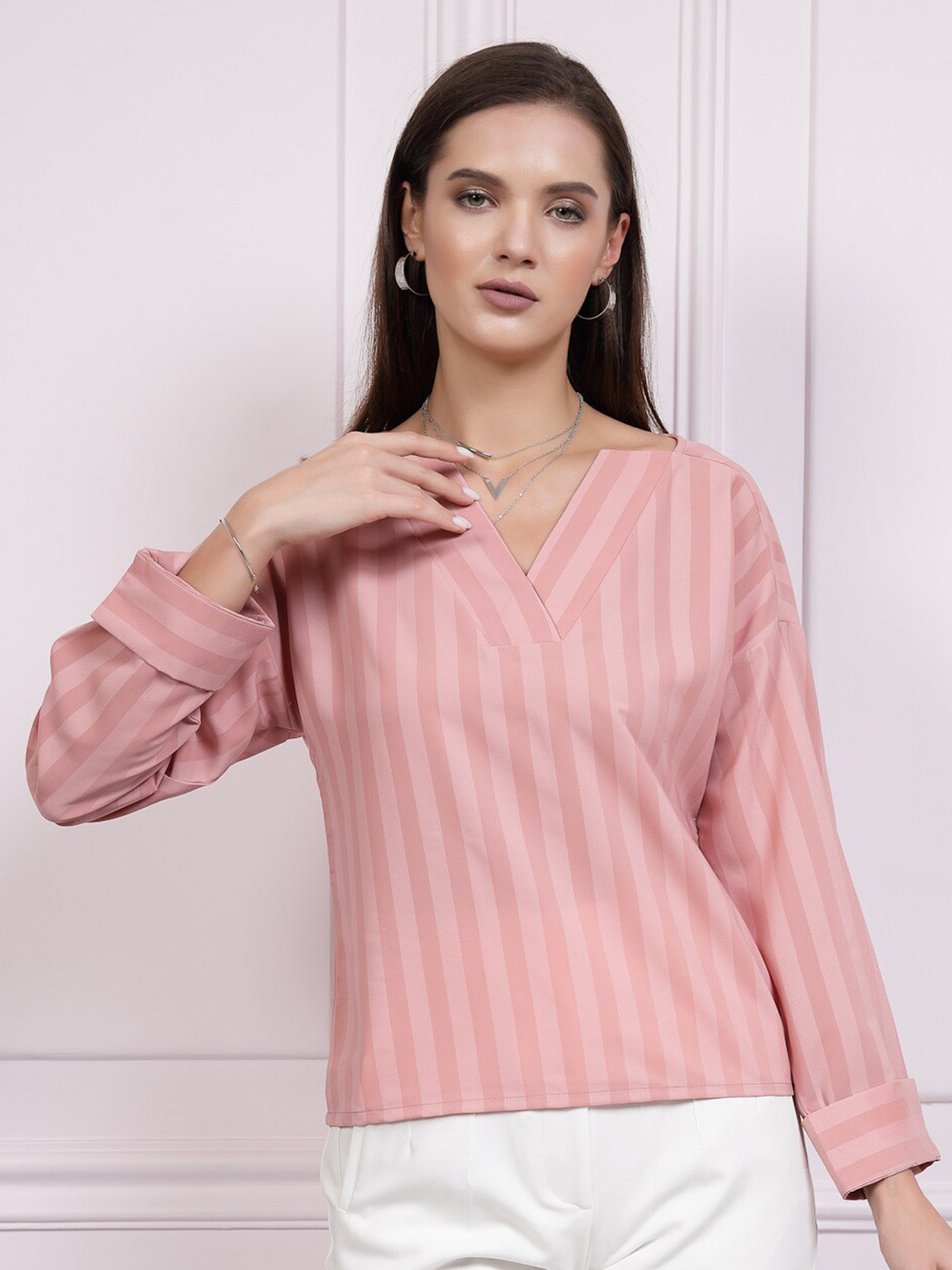 Athena Immutable Checked V-Neck Cuffed Sleeves Regular Top