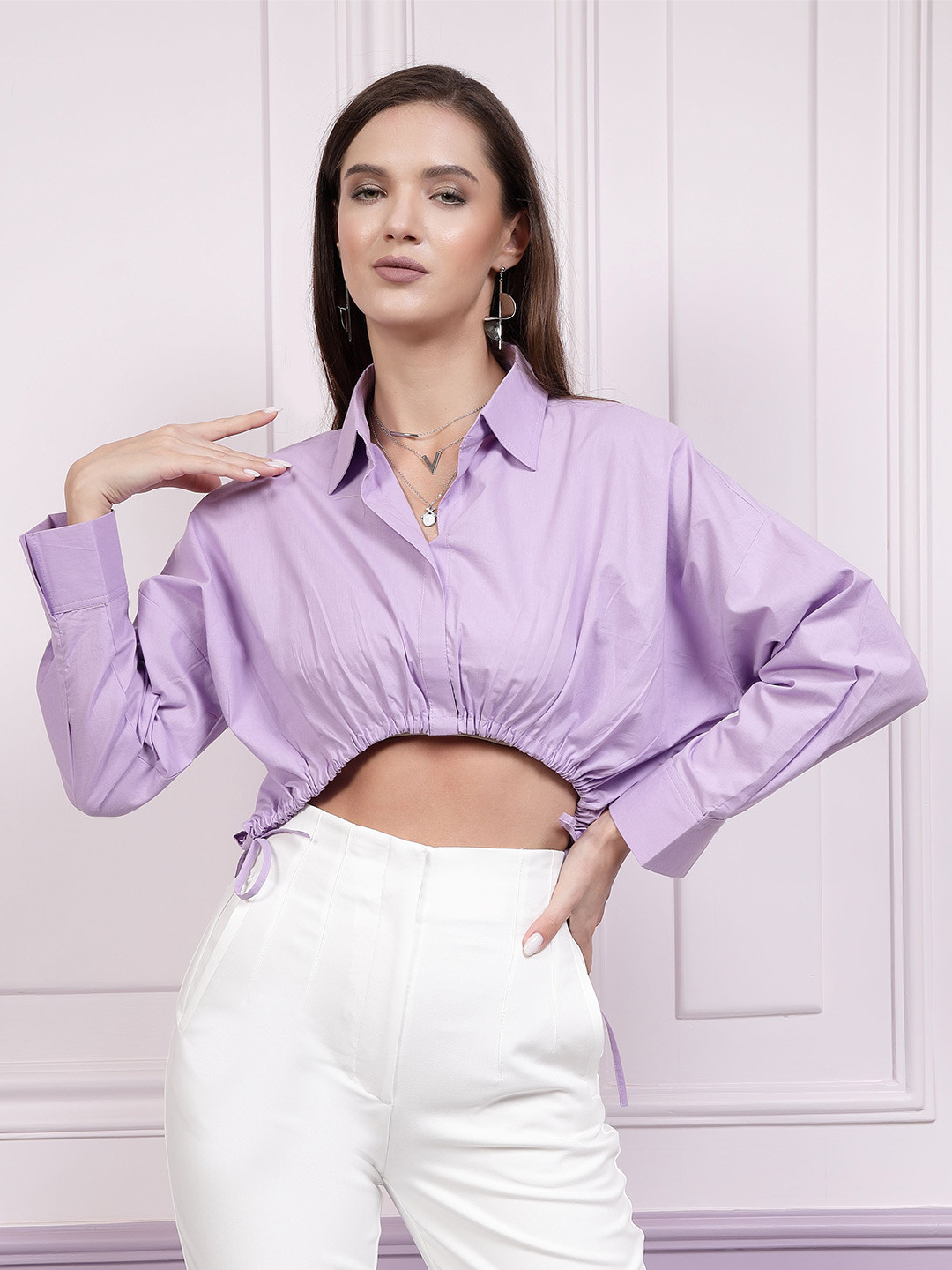 Athena Purple Batwing Sleeves Cotton Shirt Style Crop Top