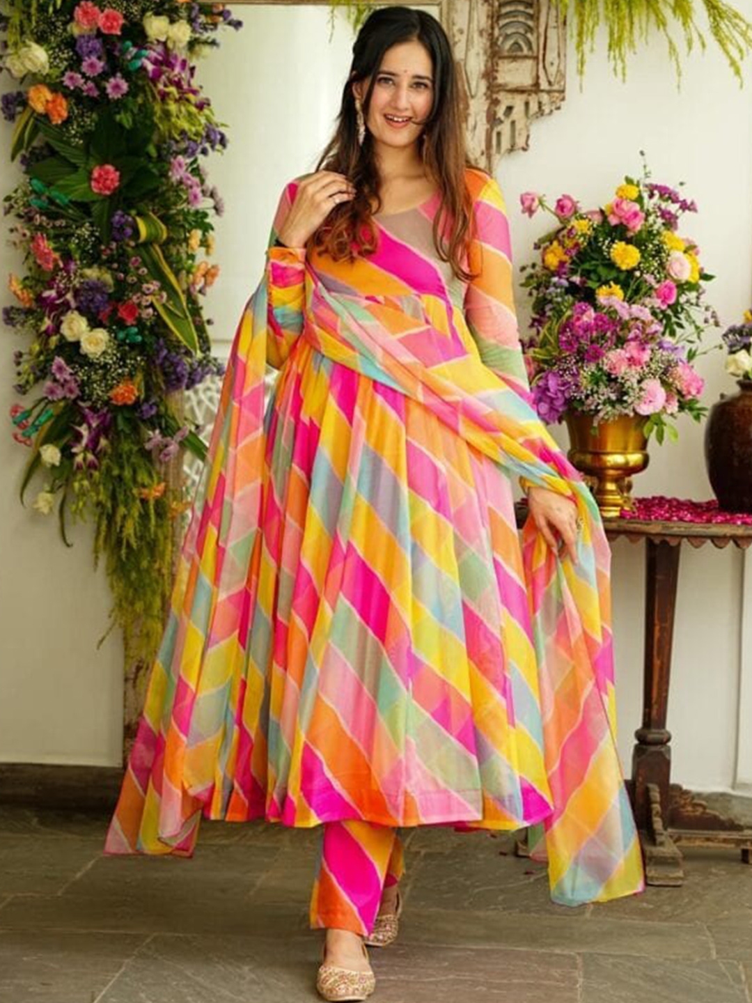KALINI Leheriya Printed Georgette Anarkali Kurta With Dupatta - Kurtas for Women 25635144 | Myntra