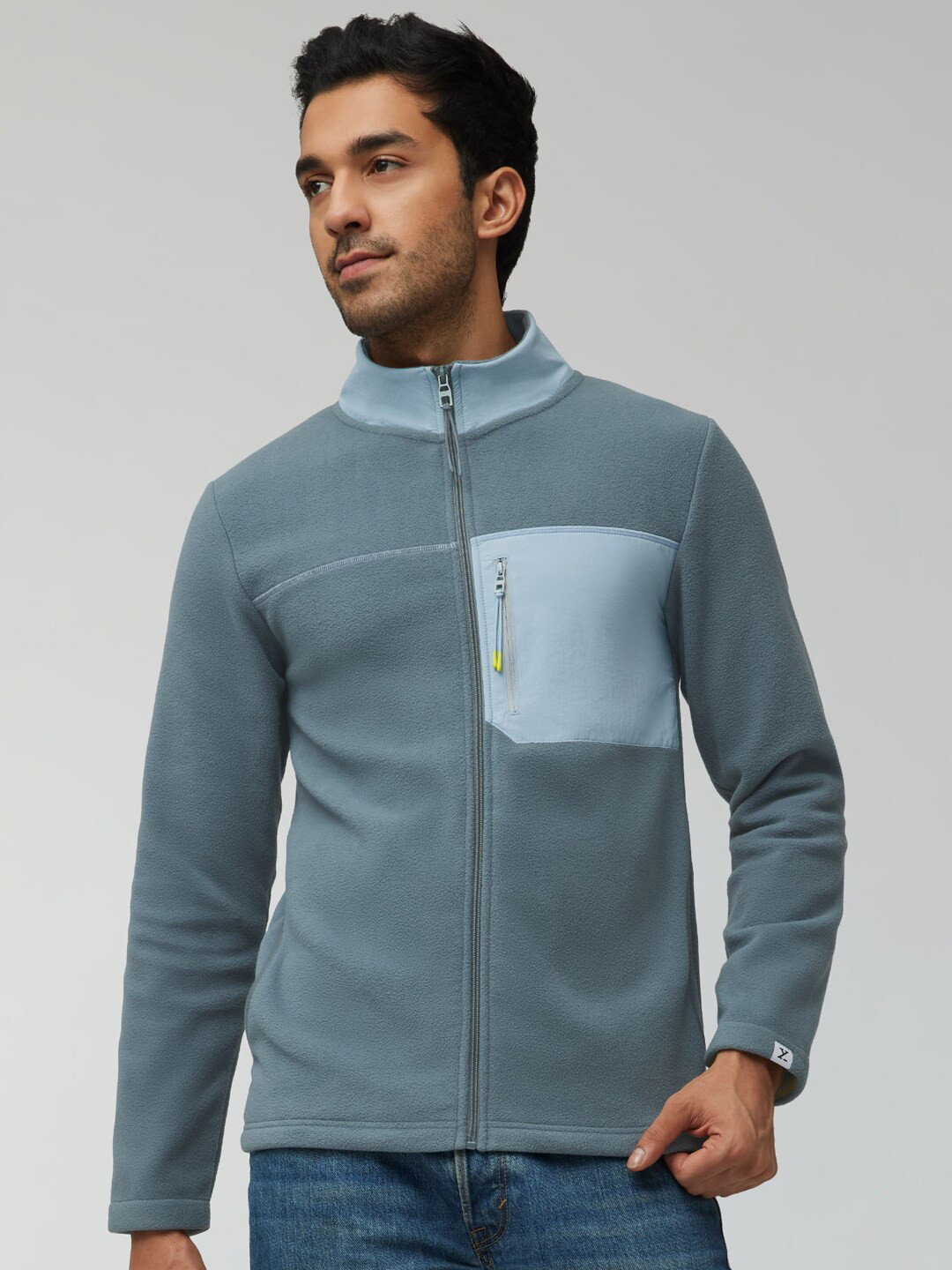XYXX Men Regular Fit Colorblock Storm Blue Winter Fleece Jacket