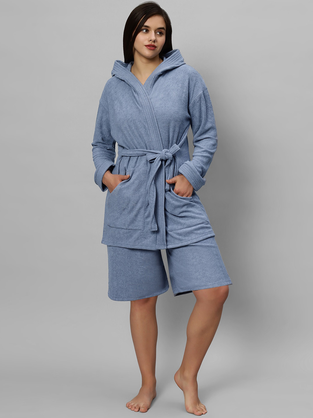 LacyLook Blue Terrycloth Drawstring Knee Length Set of 2 Bath Robe with Shorts-M