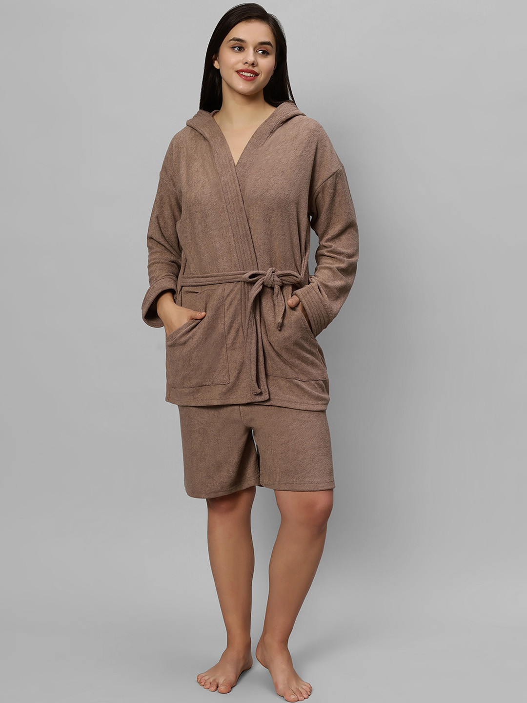 LacyLook Brown Terrycloth Drawstring Knee Length Set of 2 Bath Robe with Shorts-M