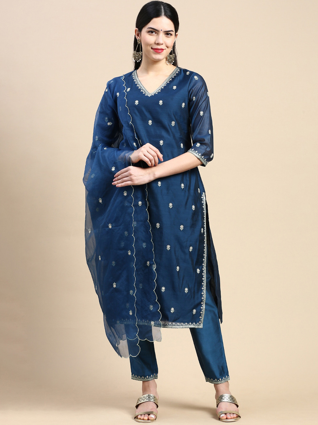 Styli Navy Blue Floral Embroidered Sequined Kurta with Trousers & Dupatta