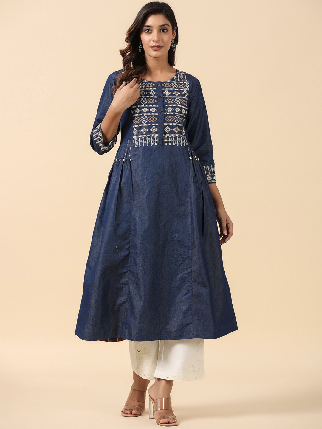 SAVI Denim Embroidered A Line Kurta
