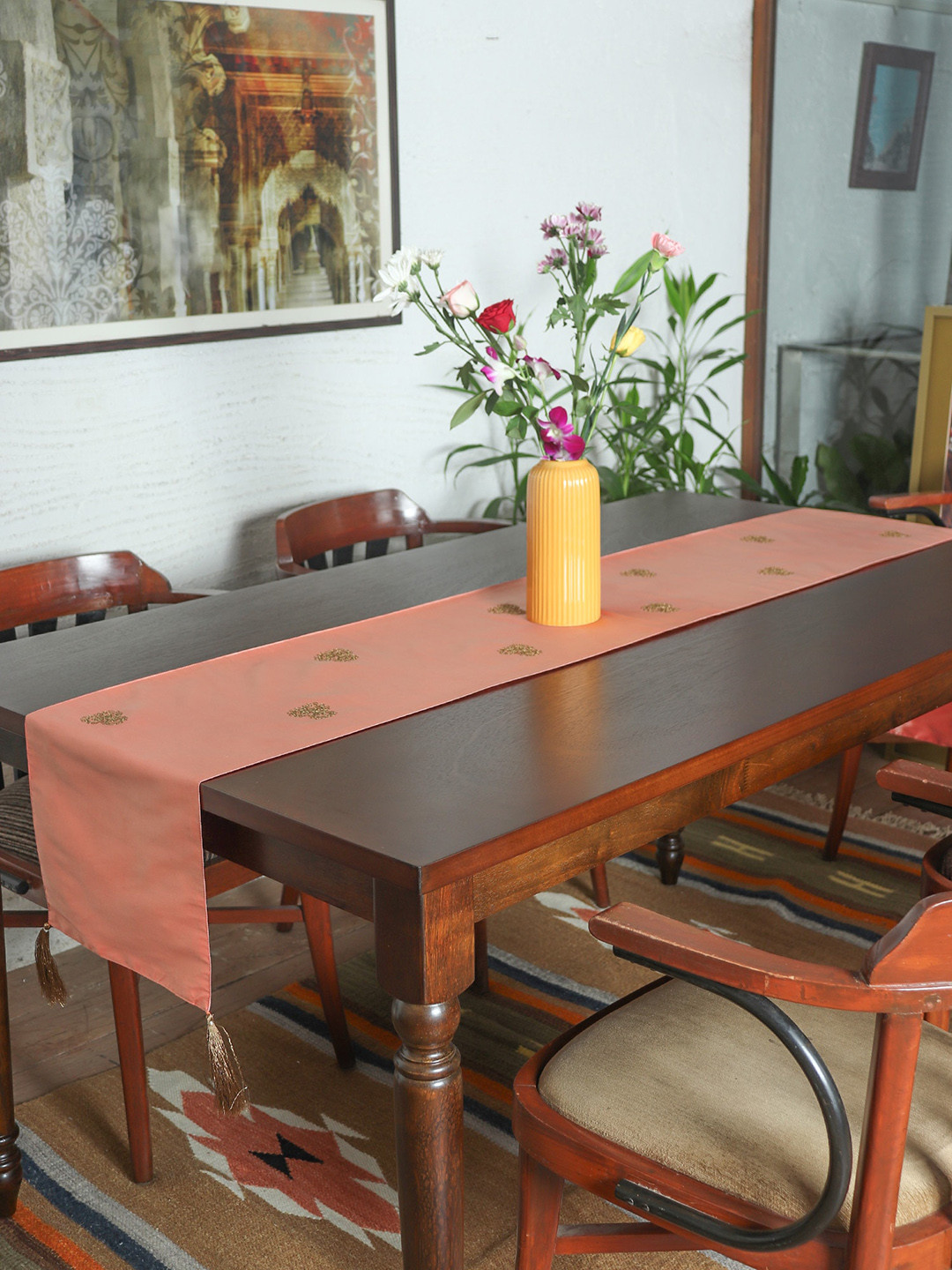 ZEBA Peach Embroidered Rectangular Table Runner