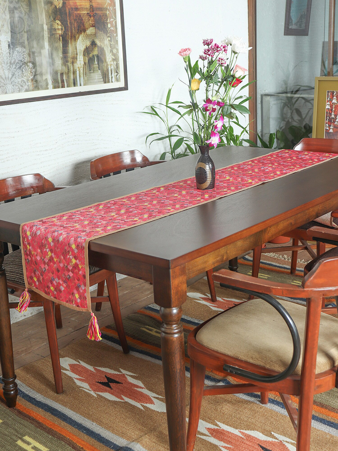 ZEBA Red & Grey Embellished Table Runner