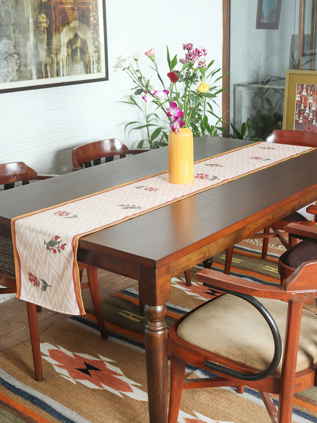 ZEBA White & Brown Embroidered Table Runner