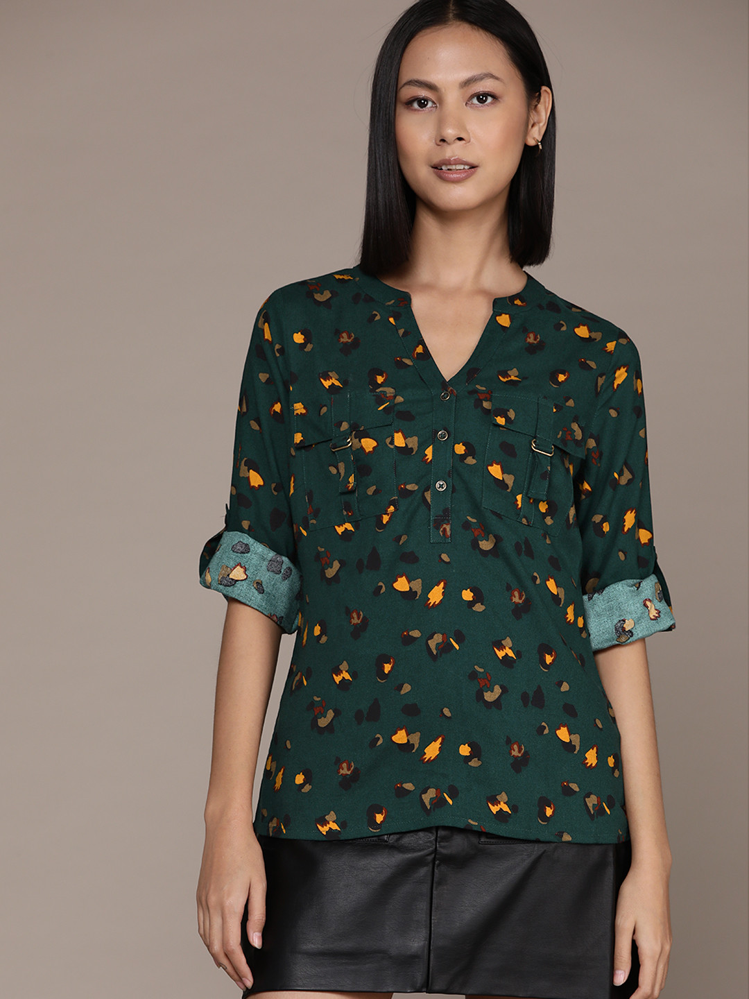 Roadster Printed Roll-Up Sleeves Shirt Style Top