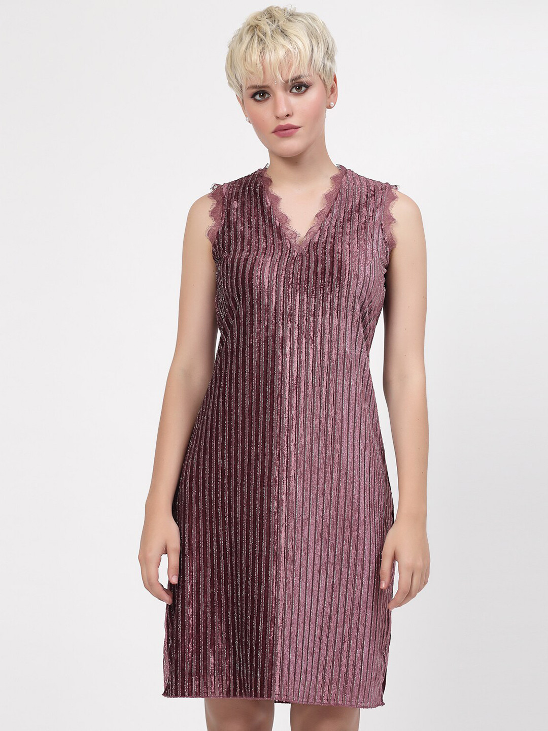 LELA Self Design V-Neck Velvet Sheath Dress