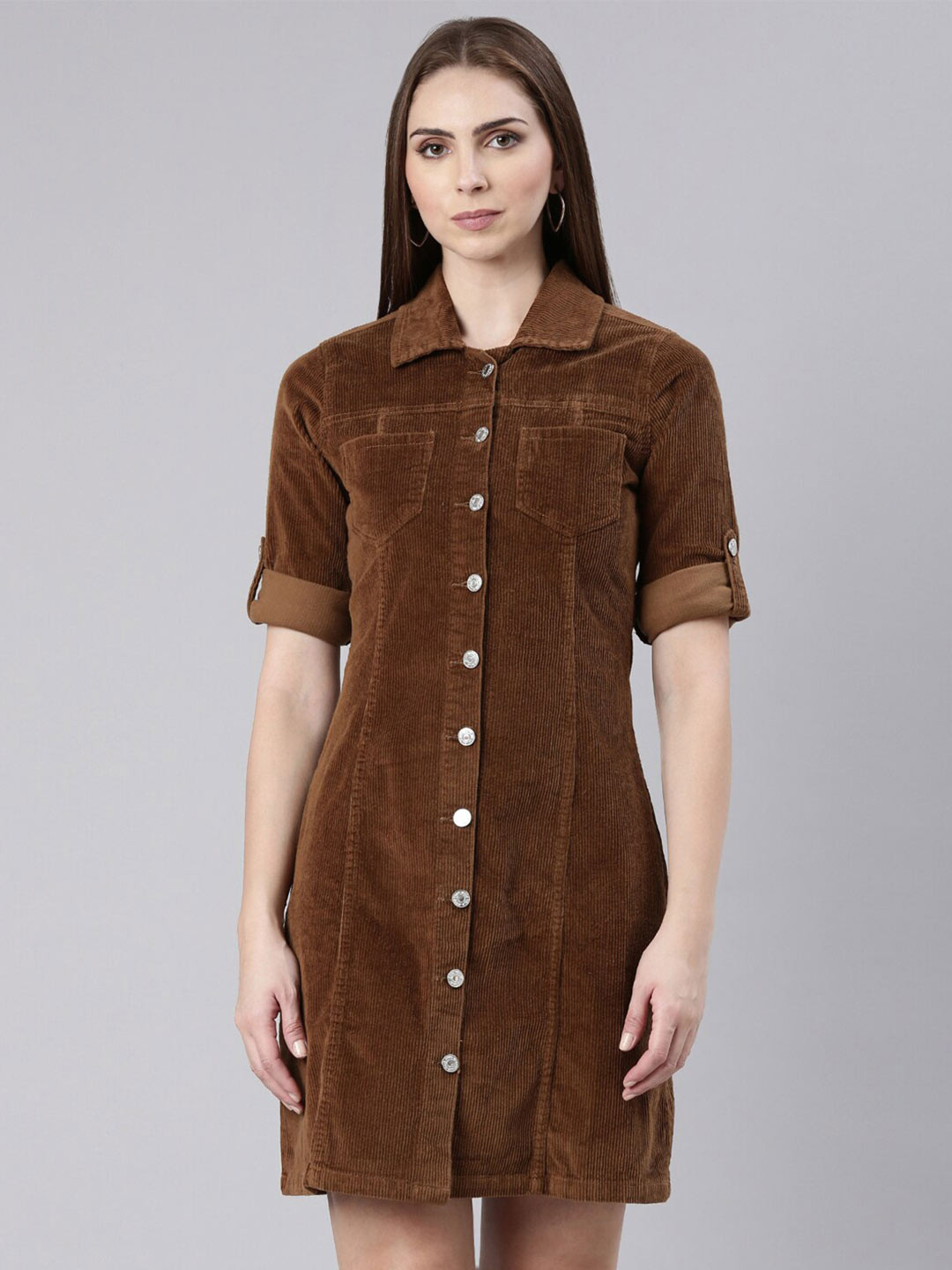 SHOWOFF Khaki Corduroy Cotton Shirt Dress