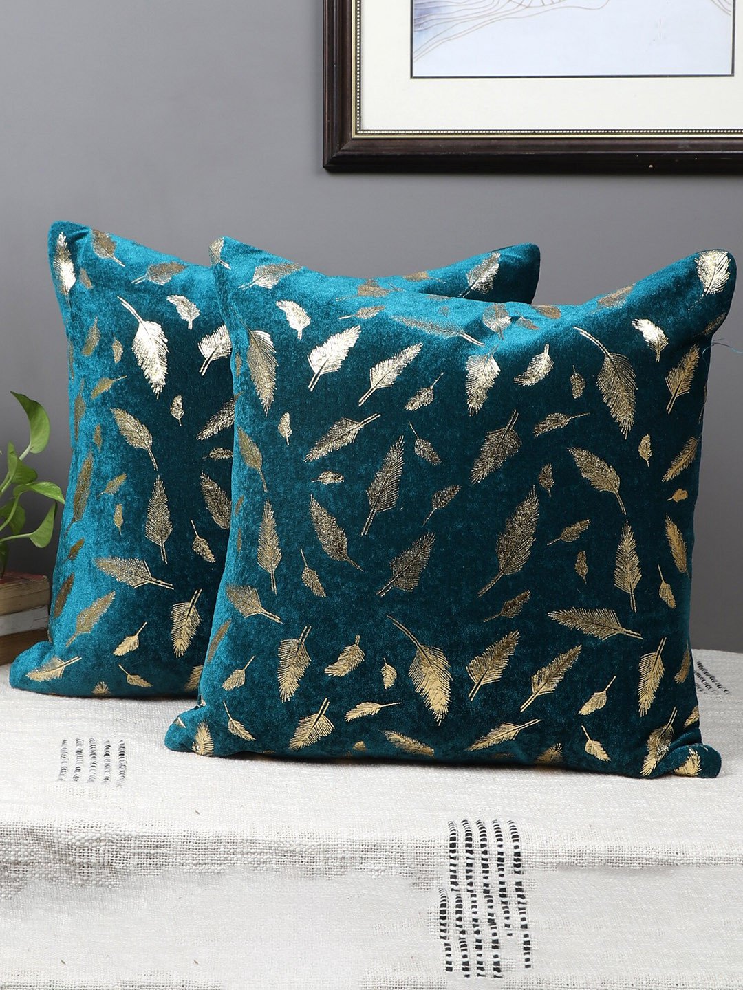MFD HOME FURNISHING 2 Pcs Turquoise Blue & Golden Embellished Velvet Square Cushion Covers