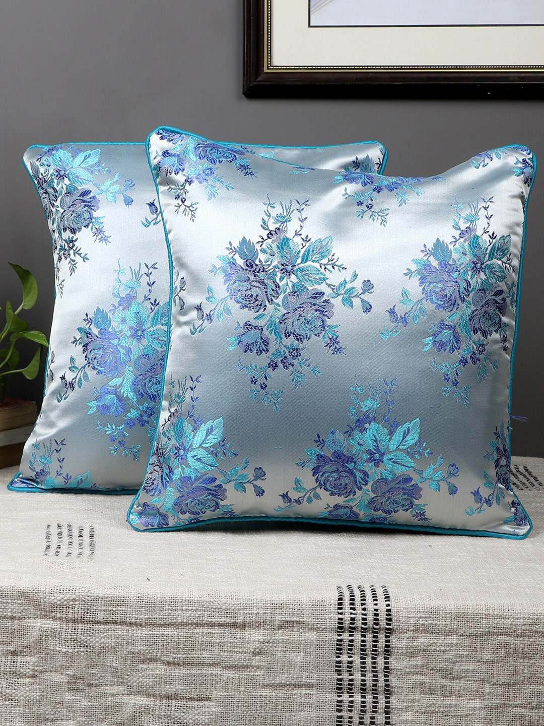 MFD HOME FURNISHING Blue Embroidered Polyester Silk Washable 2 Pcs Cushion Covers -16x16In