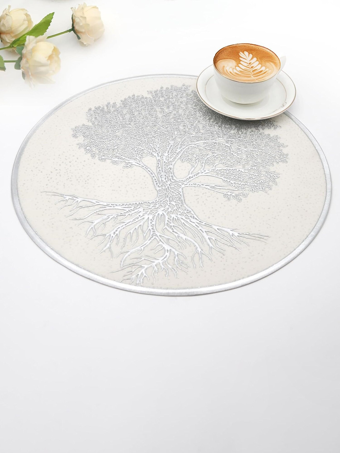 Dakshya Industries White 4 Pieces Tree Design Round Table Placemats