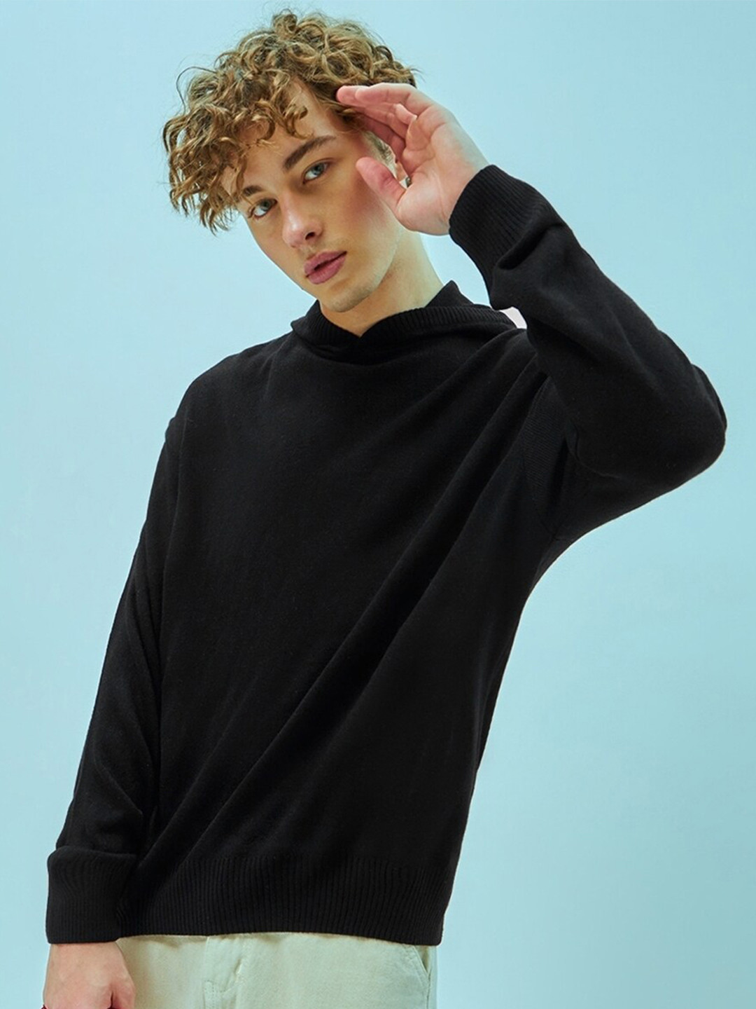 Bewakoof Black Hooded Flat Knit Acrylic Oversized Pullover Sweater