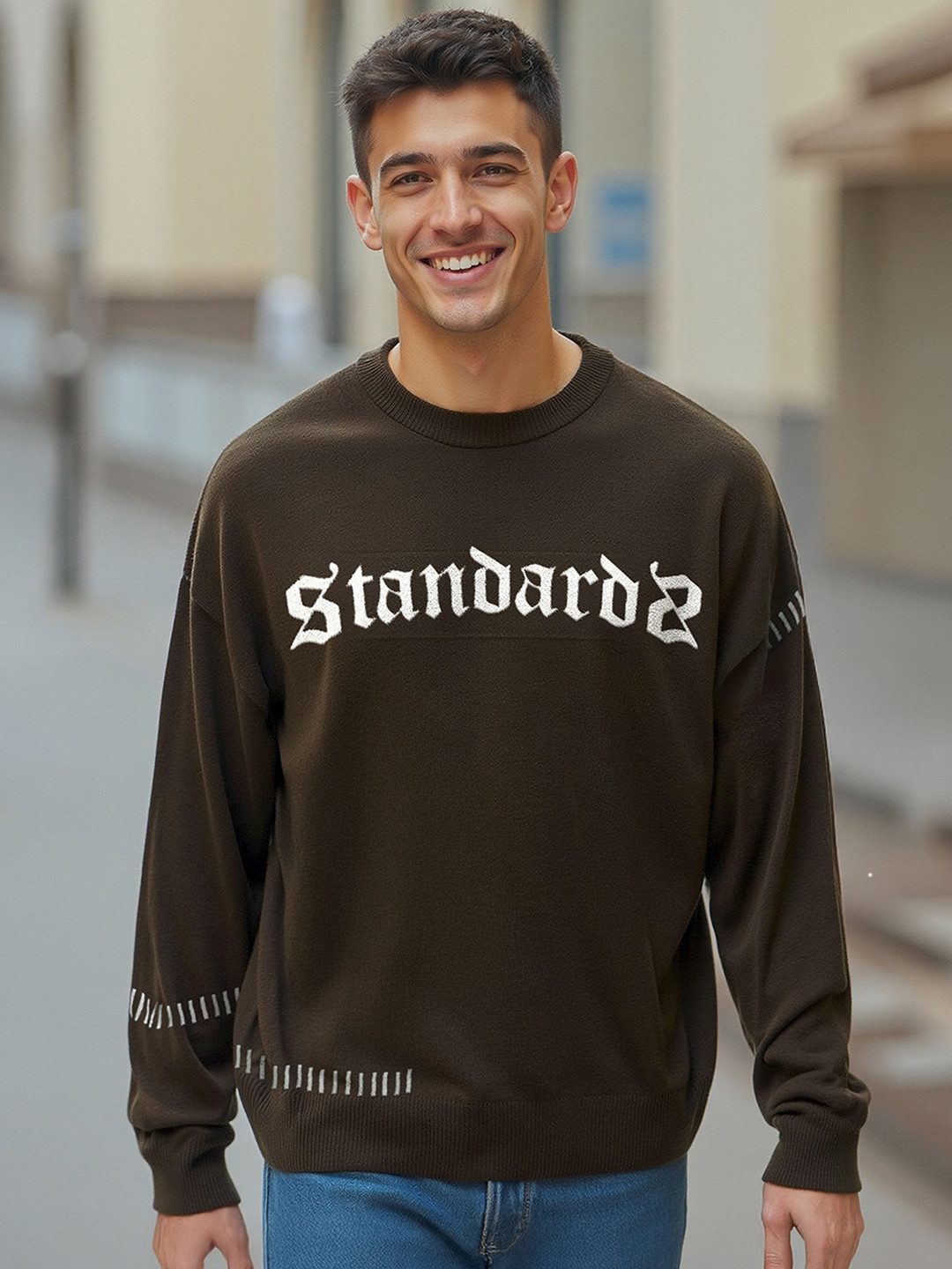 Bewakoof Brown Typography Printed Acrylic Super Loose Fit Flat Knit Pullover Sweater