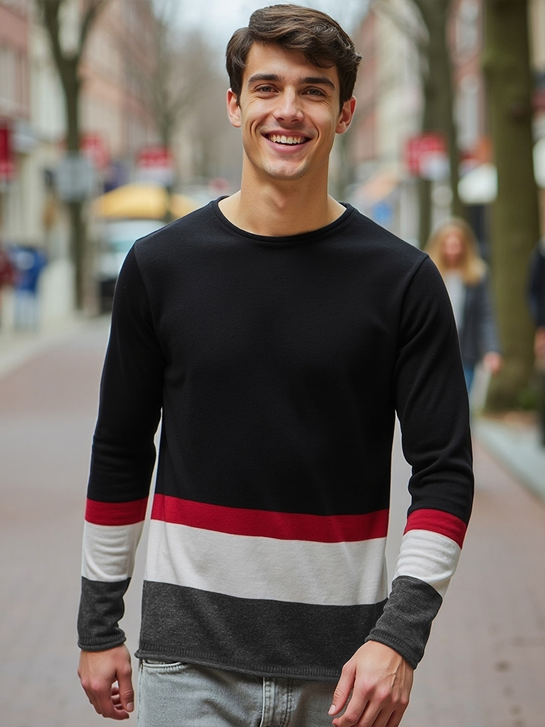 Bewakoof Black & Red Colourblocked Acrylic Flat Knit Pullover Sweater