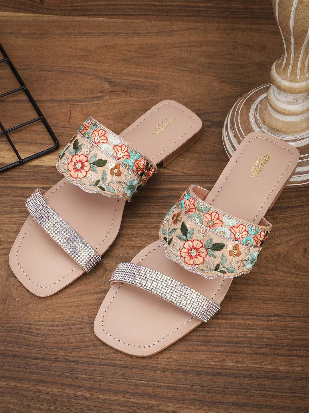 Anouk Beige & Peach Embellished Ethnic Open Toe Flats